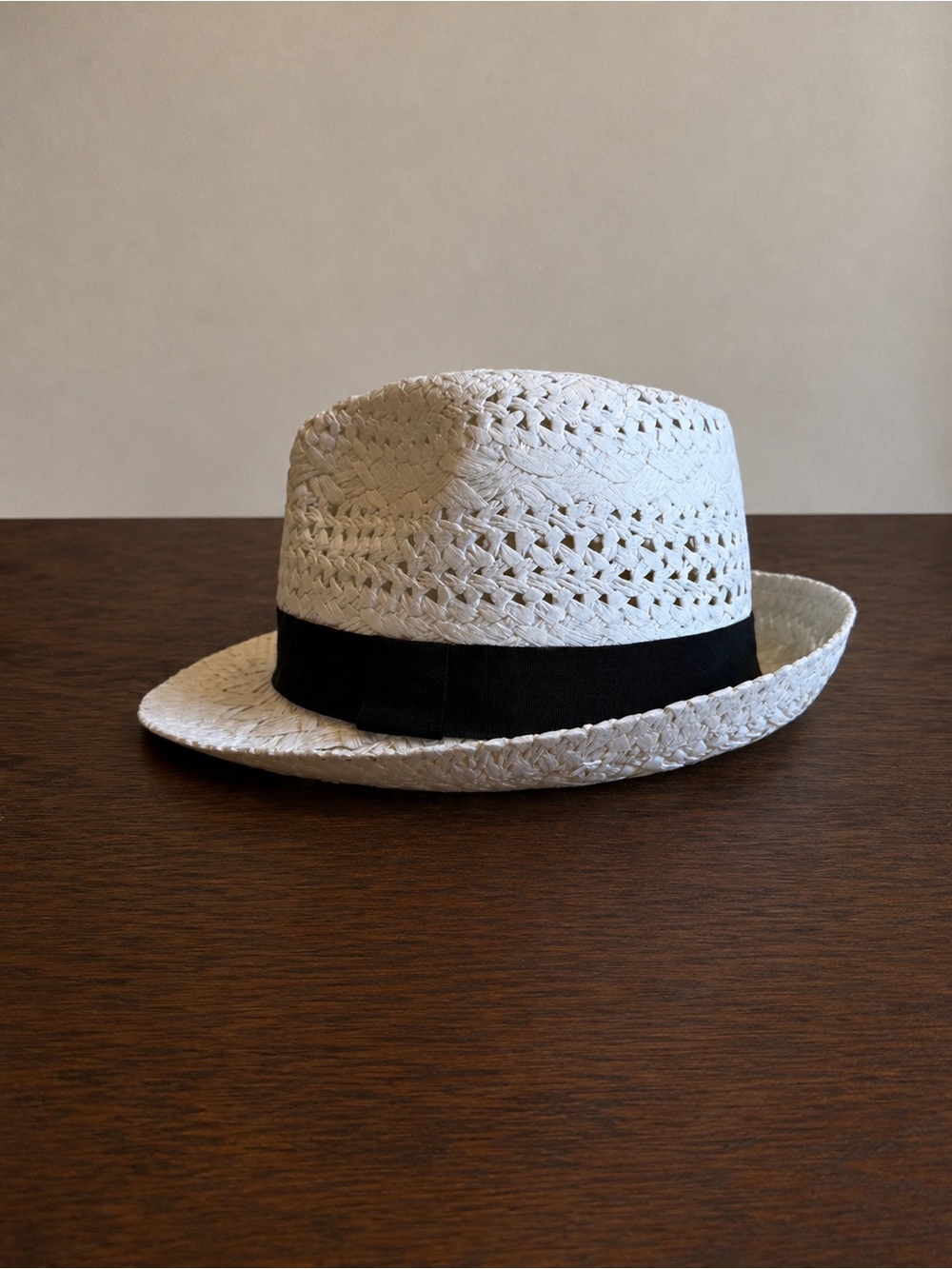 Black and White Woven Fedora Hat with Band